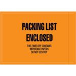 The MH-USA 4 1/2 x 6 envelopes feature bold black PACKING LIST ENCLOSED text on an orange background, with a warning below: This envelope contains important papers do not destroy. Ideal for organization, they are available in a convenient case of 1000.