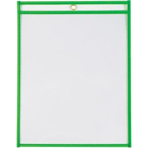 Meet the MH-USA 9 x 12 Neon Green Job Ticket Holders: clear design, vibrant green border, metal grommet for hanging; perfect for document organization. Available in cases of 15.