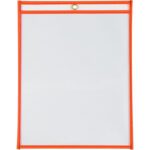 An empty transparent document sleeve, featuring a bold red border like the MH-USA 9 x 12 Neon Orange Job Ticket Holders (15/Case), includes a top metal grommet for hanging. It rests on a crisp white surface.