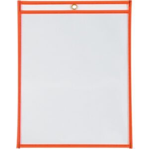 An empty transparent document sleeve, featuring a bold red border like the MH-USA 9 x 12 Neon Orange Job Ticket Holders (15/Case), includes a top metal grommet for hanging. It rests on a crisp white surface.