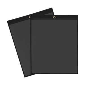 Two MH-USA 11 x 14 Solid Back Job Ticket Holders in black overlap slightly. With a clear front and top metal grommet, theyre ideal for efficient document display and organization.