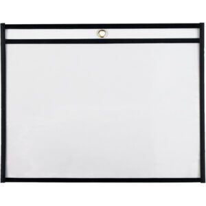 The MH-USA 12 x 9 Job Ticket Holders (25/Case) have a transparent plastic design with black edges, a metal grommet for hanging, and an empty rectangular holder that ensures easy document visibility.