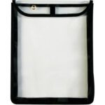 The MH-USA 9 x 12 x 1 Gusseted Job Ticket Holders (15/Case) have a transparent plastic pouch with black fabric edges and a metal grommet. Its top flap opens slightly to reveal a clear interior ideal for documents or small items, offering a sleek and functional design.