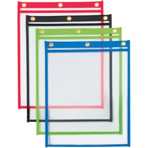 Displayed are five MH-USA 9 x 12 Heavy Weight Job Ticket Holders from the Assorted Colors case, featuring vibrant red, black, green, and blue borders with two black ones and sturdy metal grommets. The layered borders create a striking staggered effect.