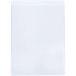 The MH-USA 8 1/2 x 11 Vinyl Envelopes (50/Case) are made from a transparent plastic with a glossy finish, shown standing against a white backdrop, and feature a small hole at the top for easy hanging.