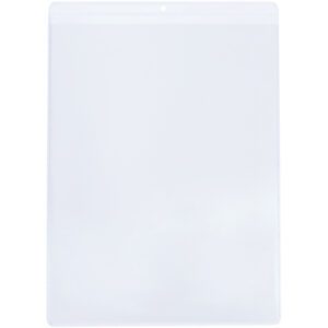 The MH-USA 8 1/2 x 11 Vinyl Envelopes (50/Case) are made from a transparent plastic with a glossy finish, shown standing against a white backdrop, and feature a small hole at the top for easy hanging.