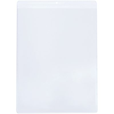 JTH193.jpg The MH-USA 8 1/2 x 11 Vinyl Envelopes (50/Case) are made from a transparent plastic with a glossy finish, shown standing against a white backdrop, and feature a small hole at the top for easy hanging.