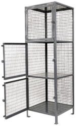 The Vestil Heavy Duty 3 Shelf Storage Locker 30X30 is a tall, gray metal cage with three shelves and two open mesh doors, featuring a durable wire mesh construction for secure storage in a rectangular design.