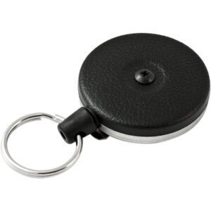 The Heavy Duty Original KeyBak® Retractable Key Holder, featuring a round black design with a textured pattern, metal keyring, and a central screw, is available in a 2 Pack (2/Case).
