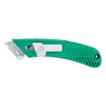 The S4SR® Spring-Back Safety Cutter, designed for right-handed users, is green with a retractable blade. It features a textured grip, a white blade adjustment button, and the number 45. Available in cases of 12.
