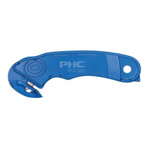 The DSC-301™ Multi-Purpose Disposable Safety Cutter features a hooked blade, ergonomic handle, and small hole at the handles end. Text reads PHC DSC301. It comes in cases of 15.