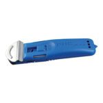 The EZ7™ Self-Retracting Safety Cutter features a blue ergonomic handle, retractable stainless steel blade, and safety shield. It includes an innovative button mechanism for blade control and is marked PHC 4277. Available in cases of 12.