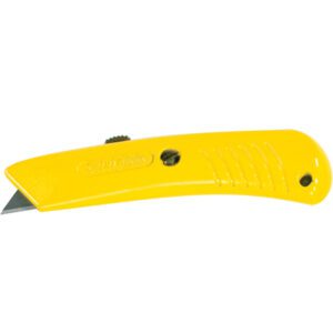 The MH-USA RSG-194 Safety Grip Utility Knife in yellow offers a retractable blade and textured grip for precise use. Its slightly extended blade and back-end hole enable easy hanging or lanyard attachment. Sold as 10 per case.
