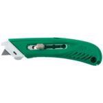 The S4® Safety Cutter Utility Knife - Right Handed (12/Case) features a green finish with a retractable blade, textured grip, silver slider for blade adjustment, and grooves for better handling, making it essential for precision tasks.