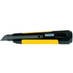 Meet the SK-233 8 Pt. Steel Track® Snap Utility Knife with Grip, featuring a retractable blade, black body, and yellow grip. It’s protected by a blue safety label and sold in packs of 25 per case.