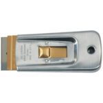 The MH-USA MS-410 Scraper Knife (50/Case) features a sleek silver body with a retractable blade, a gold sliding mechanism for precision, and a hanging hole at the top end—ideal for various tasks.