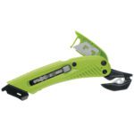 The S5® 3-in-1 Safety Cutter Utility Knife - Right Handed (12/Case) features a green design with a retractable blade, open sheath, textured grip handle, and an easy-extend button, elegantly half-opened.