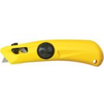 The MH-USA EZ3 Self-Retracting Utility Knife has a yellow ergonomic handle, black adjustment wheel, and partially extended blade, with a hole for hanging. It is sold in cases of 25.