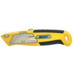 The QBA-375 QuickBlade® Auto-Load Knife in yellow features a black grip, metal blade encased in the handle, blue QuickBlade logo, safety lock, and end opening hole. Available in a convenient 10/Case pack.