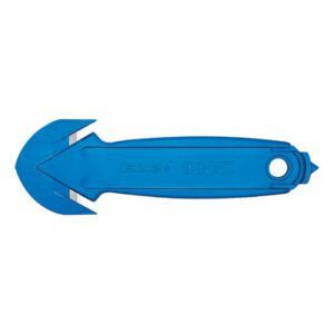 The EZ2+™ Concealed Blade Safety Cutter is a blue plastic tool with a wide, blunt end and dual small metal blades. The handle has a hole at the opposite end and PHC marked on it. Available as: EZ2+™ Concealed Blade Safety Cutter (25/Case).