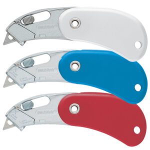 Three PSC-2™ Assorted Color Self-Retracting Pocket Safety Cutters are shown, featuring silver handles with white, blue, and red accents. Available in cases of 12 for convenience.