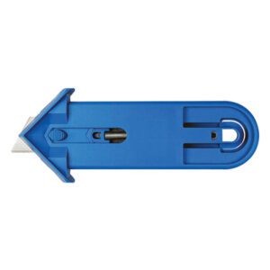 Meet the EZ1™ Ambidextrous Self-Retracting Safety Cutter: a blue utility knife with a circular handle, retractable blade, and sliding mechanism for precision and safety. Arrow-shaped front design, sold in cases of 25.