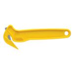 The MH-USA DFC-364 Disposable Film Cutter features a yellow safety design with a curved blade guard and ergonomic handle, plus a hanging hole, available in a case of 25.