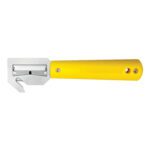 The MH-USA HH-700 Safety Cutter (10/Case) features a yellow-handled flat tool with a silver blade, horizontal notch for cutting, and handle holes for hanging or attaching accessories.