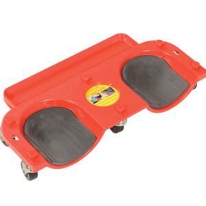 The Vestil Rolling Knee Dolly 350 Lb Capacity is a red mechanics creeper seat with two black cushioned knee pads, four swivel casters, a circular sticker on the seat, and a rear tray for tools or parts.