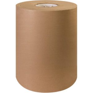 A 9 - 30 lb. Kraft Paper Roll stands upright against a white background, with its textured brown paper wound tightly around the core, ready for crafting or wrapping.