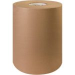 A 12 - 60 lb. Kraft Paper Roll (600/Roll) stands vertically against a white background, tightly wound around a cardboard tube with a smooth surface and even edges.