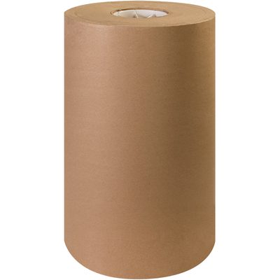 KP1560.jpg A large roll of brown kraft paper stands against a white background, labeled as the 15 - 60 lb. Kraft Paper Rolls (600/Roll), tightly wound around a cylindrical core for various uses.