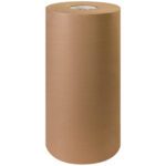 The 18 - 60 lb. Kraft Paper Roll (600/Roll) stands upright with a smooth, tightly wound texture and a white core at the top, elegantly displayed against a plain white background.