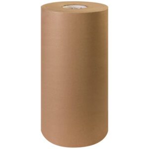 An 18 - 75 lb. kraft paper roll (475/roll) stands upright on a white background, smooth and tightly wound, exposing the circular cut at the top.