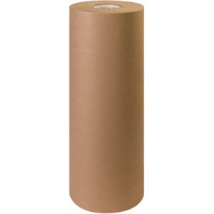 A thick cylindrical roll of 24 - 30 lb. Kraft Paper (1200/Roll) is positioned upright against a plain white background, showcasing its tightly wound layers.