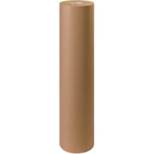 A 40 - 50 lb. Kraft Paper Rolls (720/Roll) stands vertically against a pristine white background, highlighting its durable brown surface.