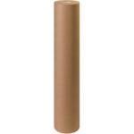 A 48 - 60 lb. Kraft Paper Roll (600/Roll) stands upright against a white background, revealing its tightly wound, smooth brown surface that ensures durability and versatility for multiple applications.