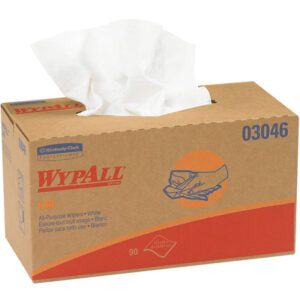 A brown dispenser box of Kimberly Clark® WypALL® L40 10.8 x 10 All Purpose Wipers, featuring red text and the blue number 03046, has an opening for easy wipe access, with a drawing illustrating hand use. Ideal for various tasks, it contains white wipes ready to be used (810/Case).