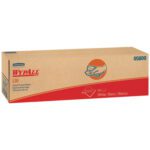 The Kimberly-Clark® WypALL® L30 Economy wipers come in a 16.4 x 9.8 cardboard box with 120 white wipes. The mostly brown dispenser features a red section illustrating a hand using a wiper, clearly labeled model number 05800 for ease of use.