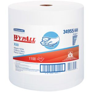The Kimberly Clark® WypALL® X60 Industrial Jumbo Roll Wipers (1100/Case) features the distinct logo, item number 34955, and a hand-wiping illustration for efficiency and convenience.