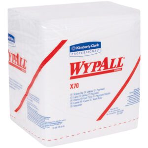 Kimberly Clark® WypALL® X70 1/4 Fold Industrial Pro Wipers Bulk Pack (912/Case) features disposable wipes in mainly white packaging with red and blue text, showcasing the product name and details in various languages on the front.