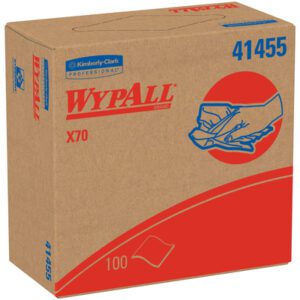 The Kimberly Clark® WypALL® X70 9.1 x 16.8 Industrial Pro Wipers come in a brown cardboard box with red and blue design, featuring hands using a wipe and product number 41455. It contains 100 pieces per dispenser box, with a case option of 1000 units.
