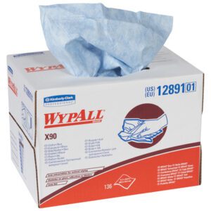 Kimberly Clark® WypALL® X90 11.1 x 16.8 blue heavy-duty wipers are shown in a dispenser box with one wipe pulled out, featuring hand illustrations and product details. Product number 12891 is visible; each case contains 136 wipes.
