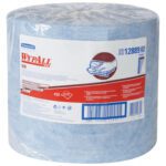 The Kimberly Clark® WypAll® X90 Blue Heavy-Duty Jumbo Roll Wipers (450/Case) feature a protective plastic covering with clear labeling that includes product details, safety icons, and the barcode for code 12889.