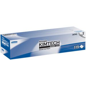 The Kimtech Science Kimwipes® 3 Ply wipers, measuring 11.8 x 11.8, come in a blue and white box labeled Delicate Task Wipers. With product number 34743, they offer low lint precision with 119 wipers per package, ideal for delicate cleaning tasks.