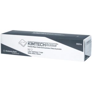 The white and gray box of Kimtech® 1 Ply precision low-lint wipers, 14.7 x 16.6, features the Kimberly-Clark Professional logo and product number 05514, containing 140 wipes per pack with bilingual labeling in English and French.
