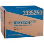 The KIMTECH Prep cardboard box, product number 33352, holds 180 blue wipers, each 12 x 16.8 inches. The sides feature the Kimberly-Clark Professional logo in blue, introducing the Kimtech® Prep Dispenser Box Wipers (180/Case) for professional use.