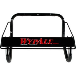 The black WypAll® Wall Mount Jumbo Roll Dispenser has a handle, two round side supports, and WypAll printed in red on the central panel.