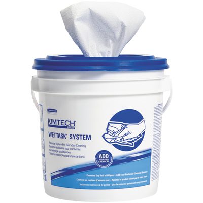 KW155.jpg A white bucket featuring the Kimtech® WetTask Prep Wipers (540/Case) label and a blue lid displays user instructions and illustrations, with a cloth protruding from the top opening.