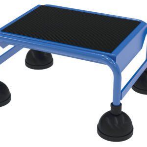 A blue step stool, similar to the Vestil Spring Loaded Roll Ladder 1 Step Blue, has a textured black surface, four black suction cup feet, and a flat platform on a robust metal frame.